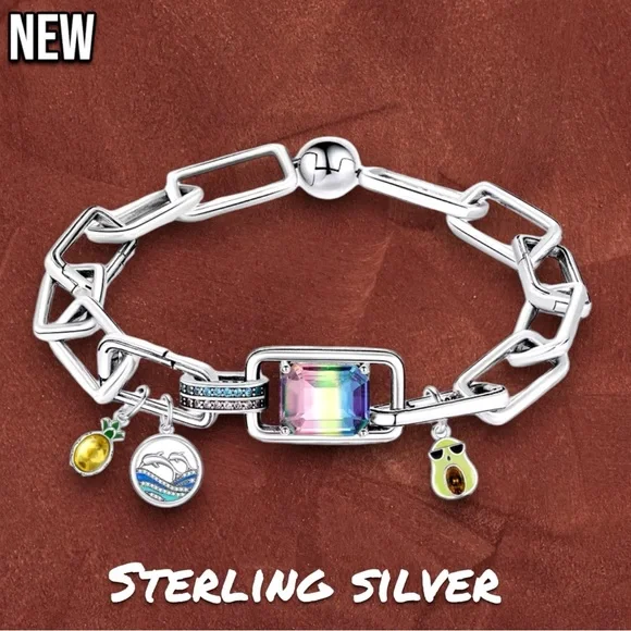 New .925 Sterling Silver Charm bracelet (charms not included) with rainbow stone - Picture 3 of 8